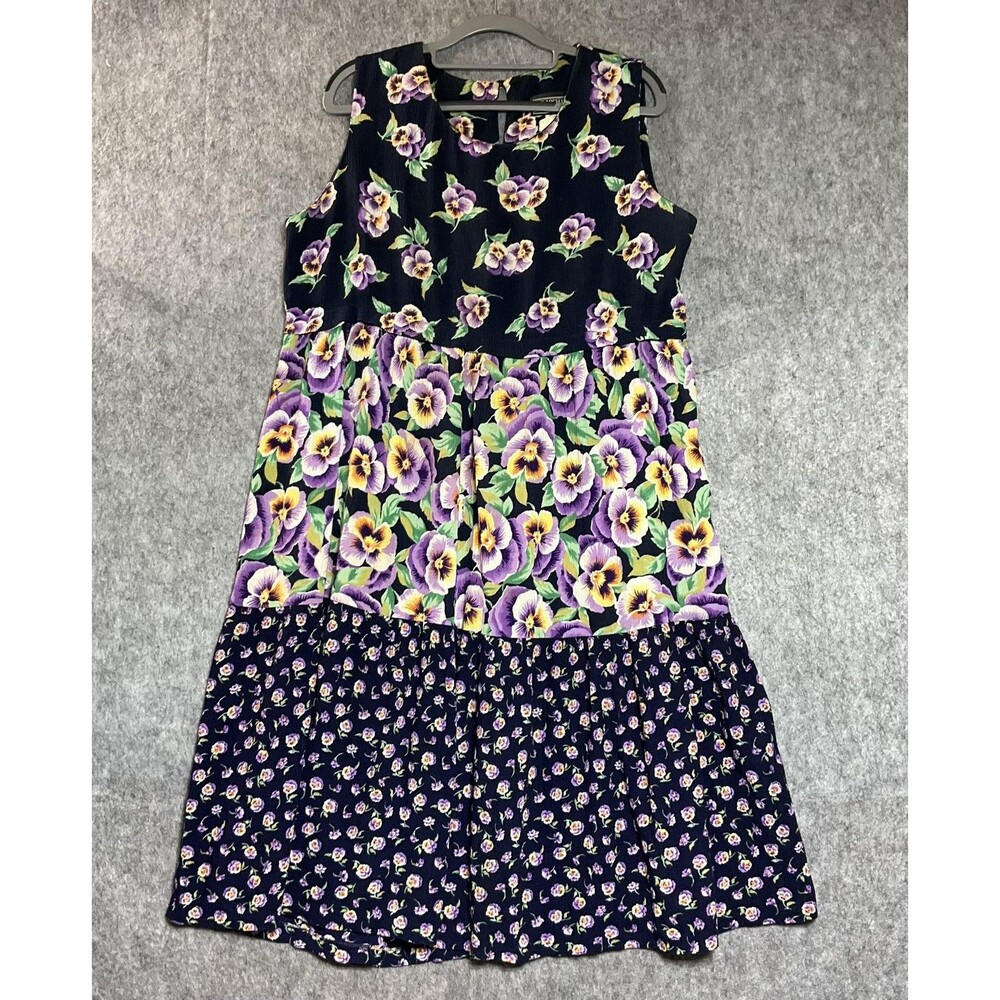 Vintage ED MICHAELS Dress Womens Large Blue Floral Tiered Sundress Sleeveless *